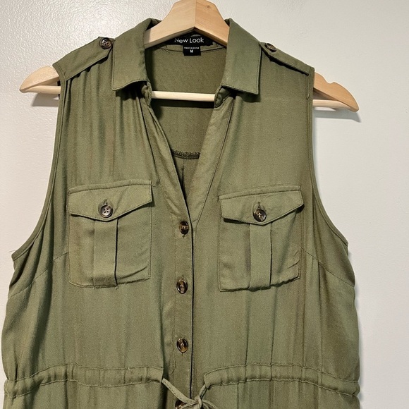 New Look Sleeveless Olive Green Button-Down Dress with Drawstring Waist - Med - Picture 6 of 8